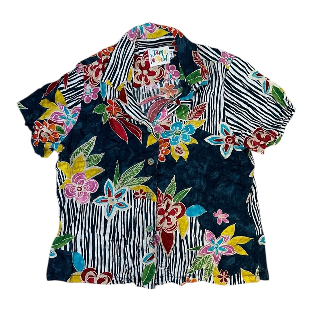 Jams World Multicolor Floral Hawaiian Striped Shirt M